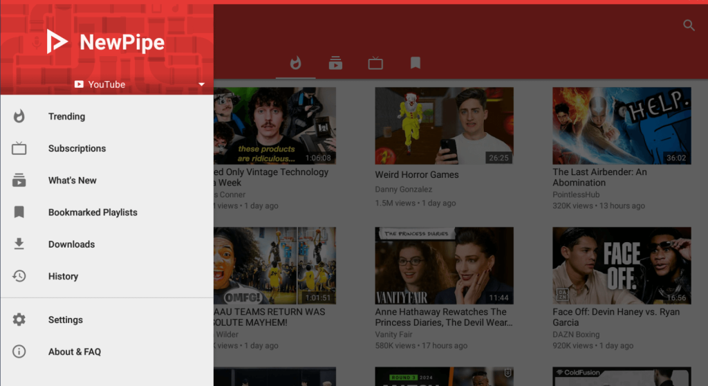 NewPipe Android TV- Menu bar